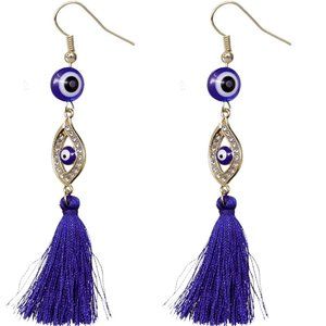 Blue Evil Eye Beaded Tassel Drop Earrings